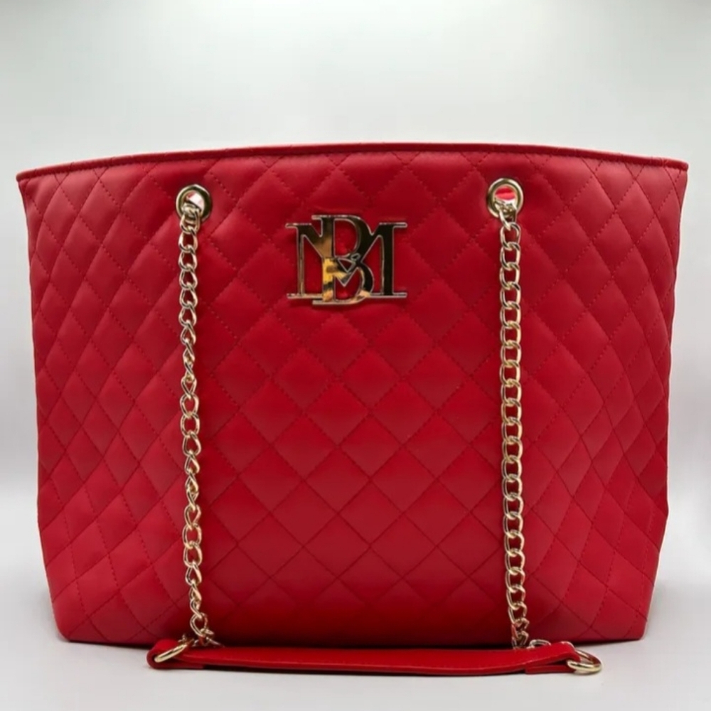 Red Quilted Tote Bag with Gold Chain by